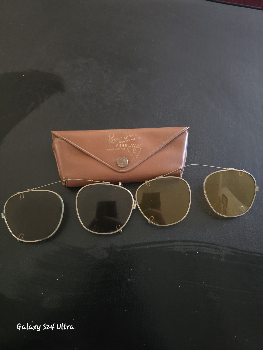 Vintage 50's Ray-Ban Brown Leather Sunglass Case with Gold Clip-on Lenses